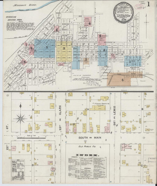 Sanborn Fire Insurance Map from Lexington, Lafayette County, Missouri (1889), Sheet #0001 - Historic Sanborn Fire Insurance Map Print, vintage old map wall art, antique decor, genealogy gift, Missouri Missouri map