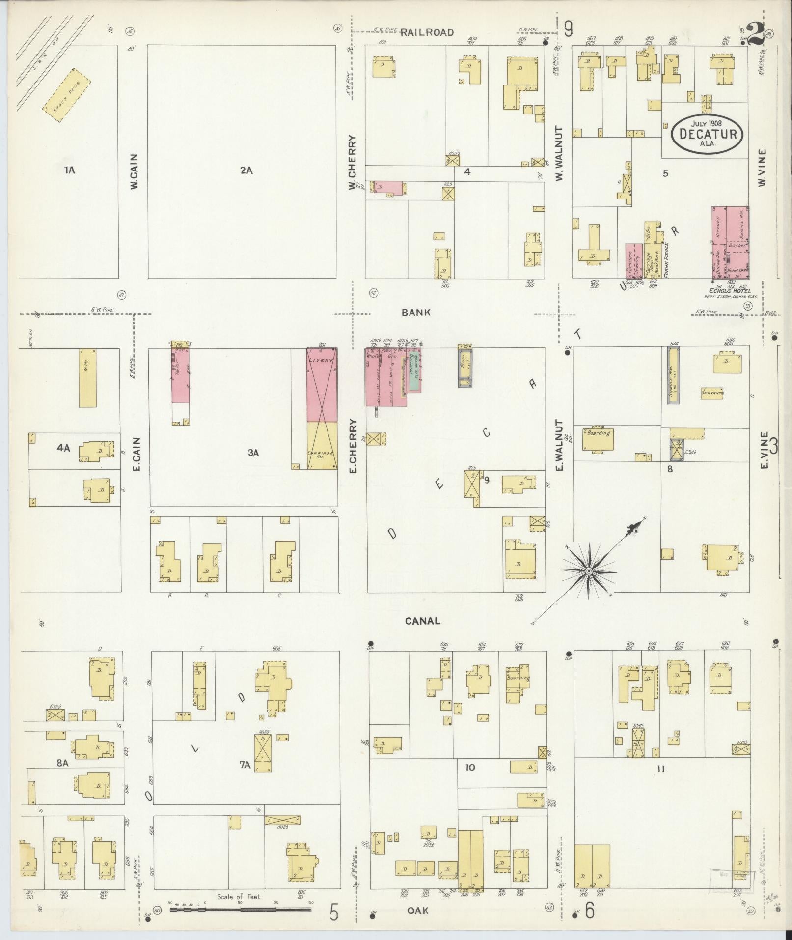 Sanborn Fire Insurance Map from Decatur, Morgan County, Alabama (1908), Sheet #0002 - Historic Sanborn Fire Insurance Map Print, vintage old map wall art, antique decor, genealogy gift, Alabama Alabama map