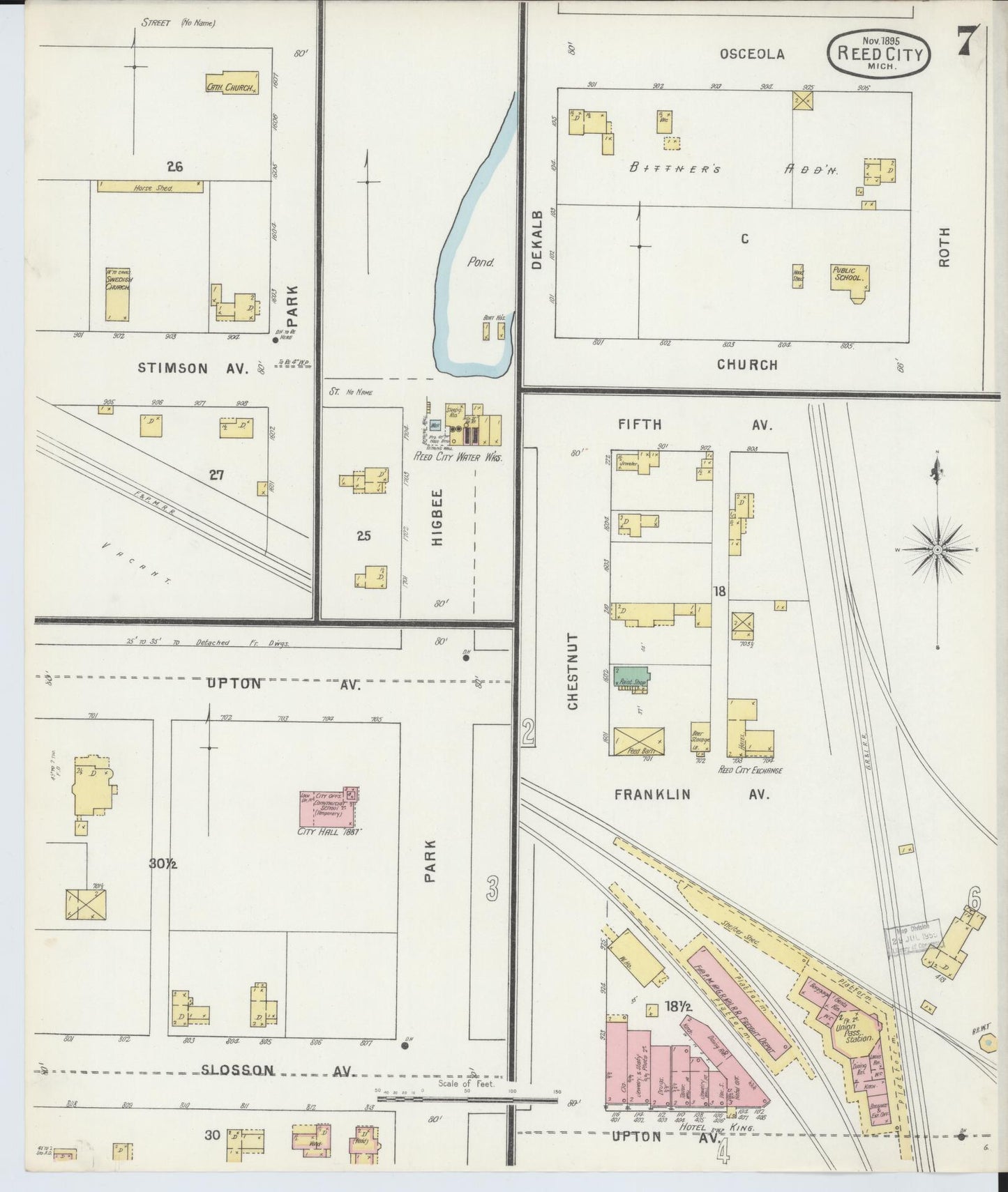Sanborn Fire Insurance Map from Reed City, Osceola County, Michigan (1895), Sheet #0007 - Complete Map Set gallery image, historic Sanborn map, vintage wall art, Michigan Michigan