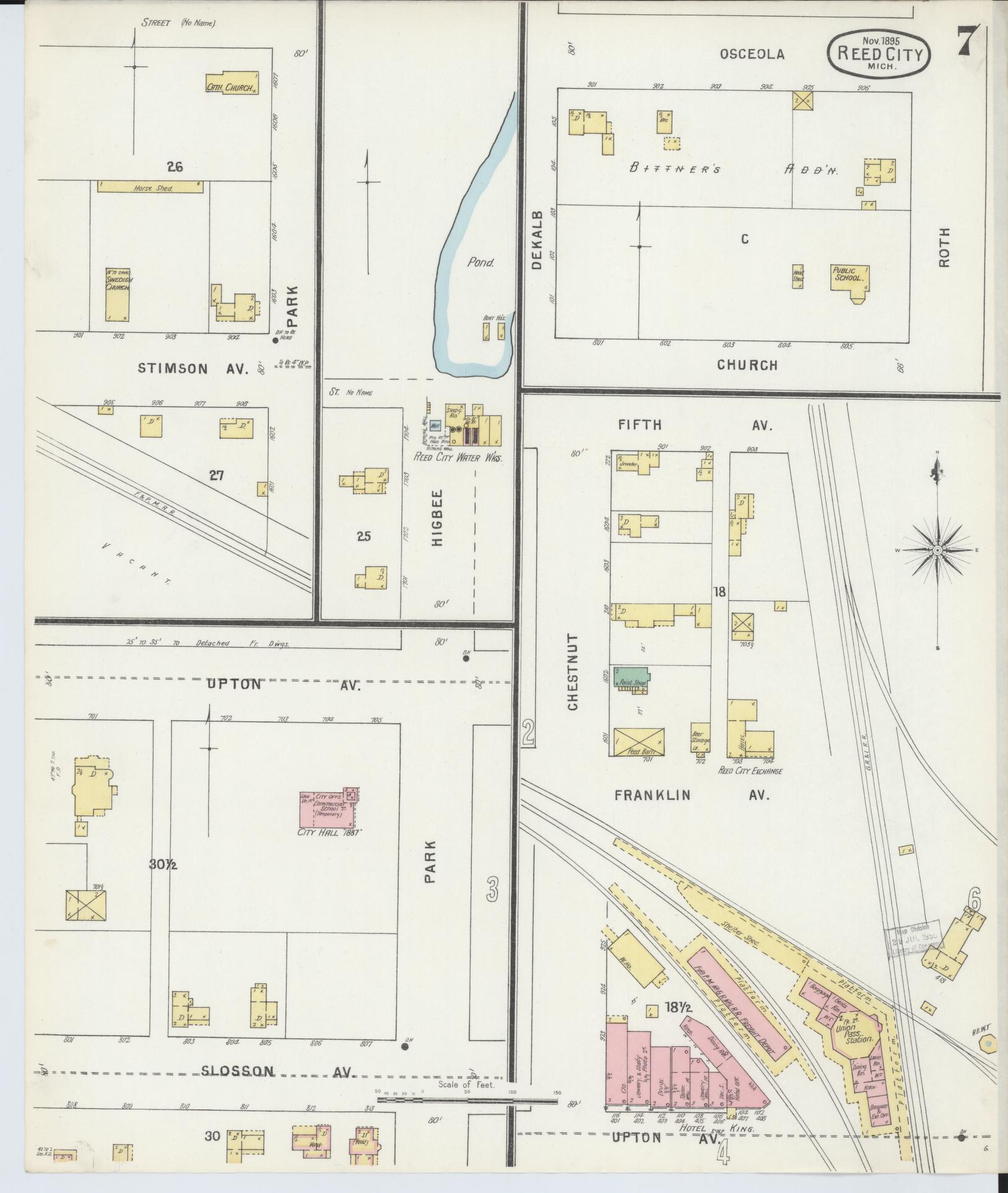 Sanborn Fire Insurance Map from Reed City, Osceola County, Michigan (1895), Sheet #0007 - Complete Map Set gallery image, historic Sanborn map, vintage wall art, Michigan Michigan