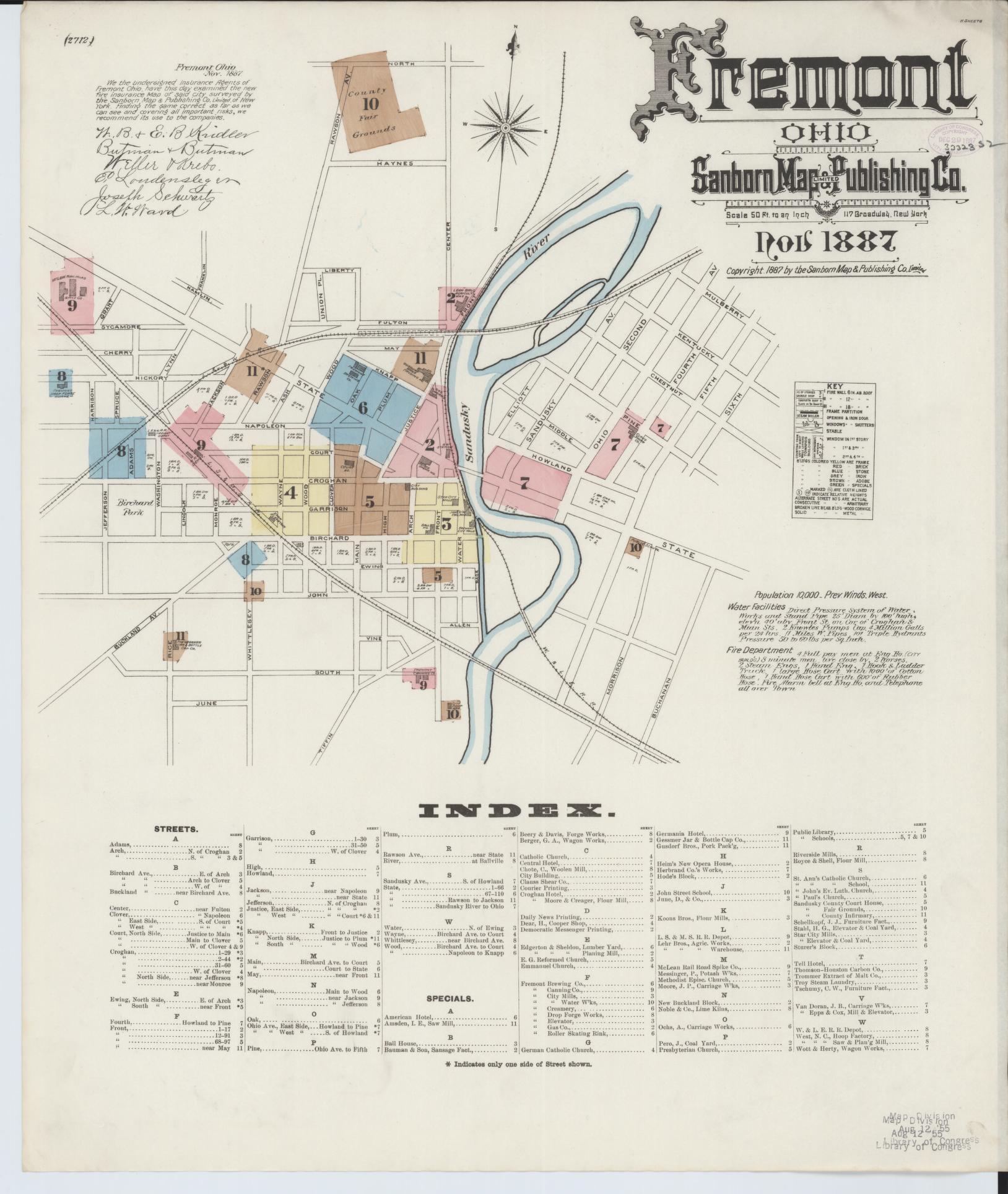 Sanborn Fire Insurance Map from Fremont, Sandusky County, Ohio (1887), Sheet #0001 - Historic Sanborn Fire Insurance Map Print, vintage old map wall art, antique decor, genealogy gift, Ohio Ohio map