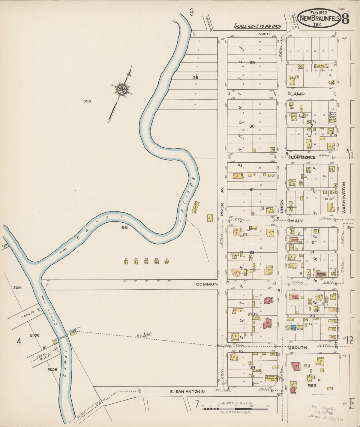 Sanborn Fire Insurance Map from New Braunfels, Comal County, Texas (1922), Sheet #0008 - Complete Map Set gallery image, historic Sanborn map, vintage wall art, Texas Texas