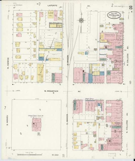 Sanborn Fire Insurance Map from Fort Collins, Larimer County, Colorado (1909), Sheet #0008 - Historic Sanborn Fire Insurance Map Print, vintage old map wall art, antique decor, genealogy gift, Colorado Colorado map