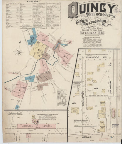 Sanborn Fire Insurance Map from Quincy, Norfolk County, Massachusetts (1885), Sheet #0001 - Complete Map Set gallery image, historic Sanborn map, vintage wall art, Massachusetts Massachusetts