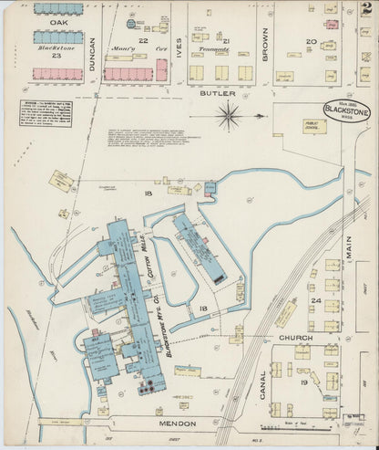 Sanborn Fire Insurance Map from Blackstone, Worcester County, Massachusetts (1885), Sheet #0002 - Historic Sanborn Fire Insurance Map Print, vintage old map wall art, antique decor, genealogy gift, Massachusetts Massachusetts map