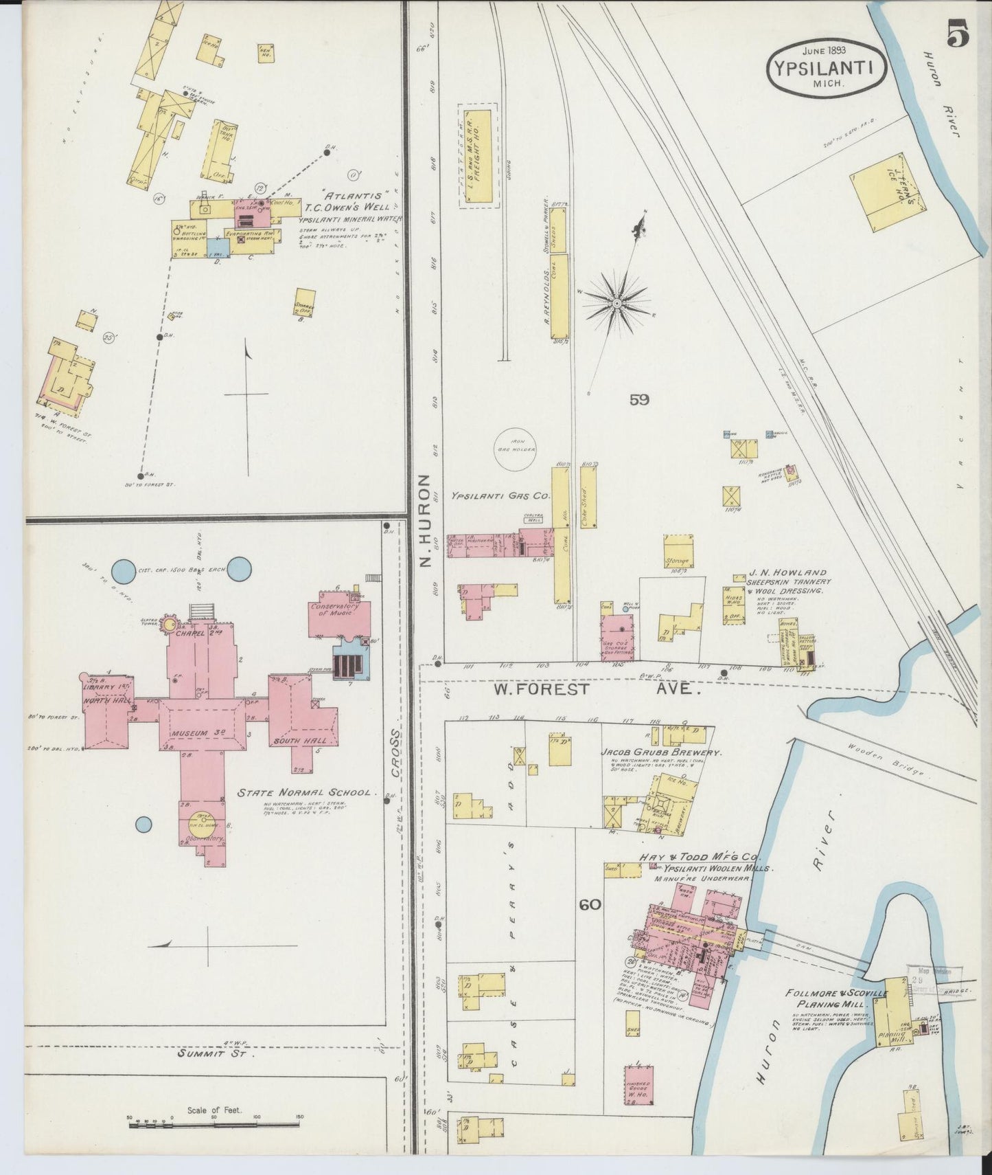 Sanborn Fire Insurance Map from Ypsilanti, Washtenaw County, Michigan (1893), Sheet #0005 - Complete Map Set gallery image, historic Sanborn map, vintage wall art, Michigan Michigan
