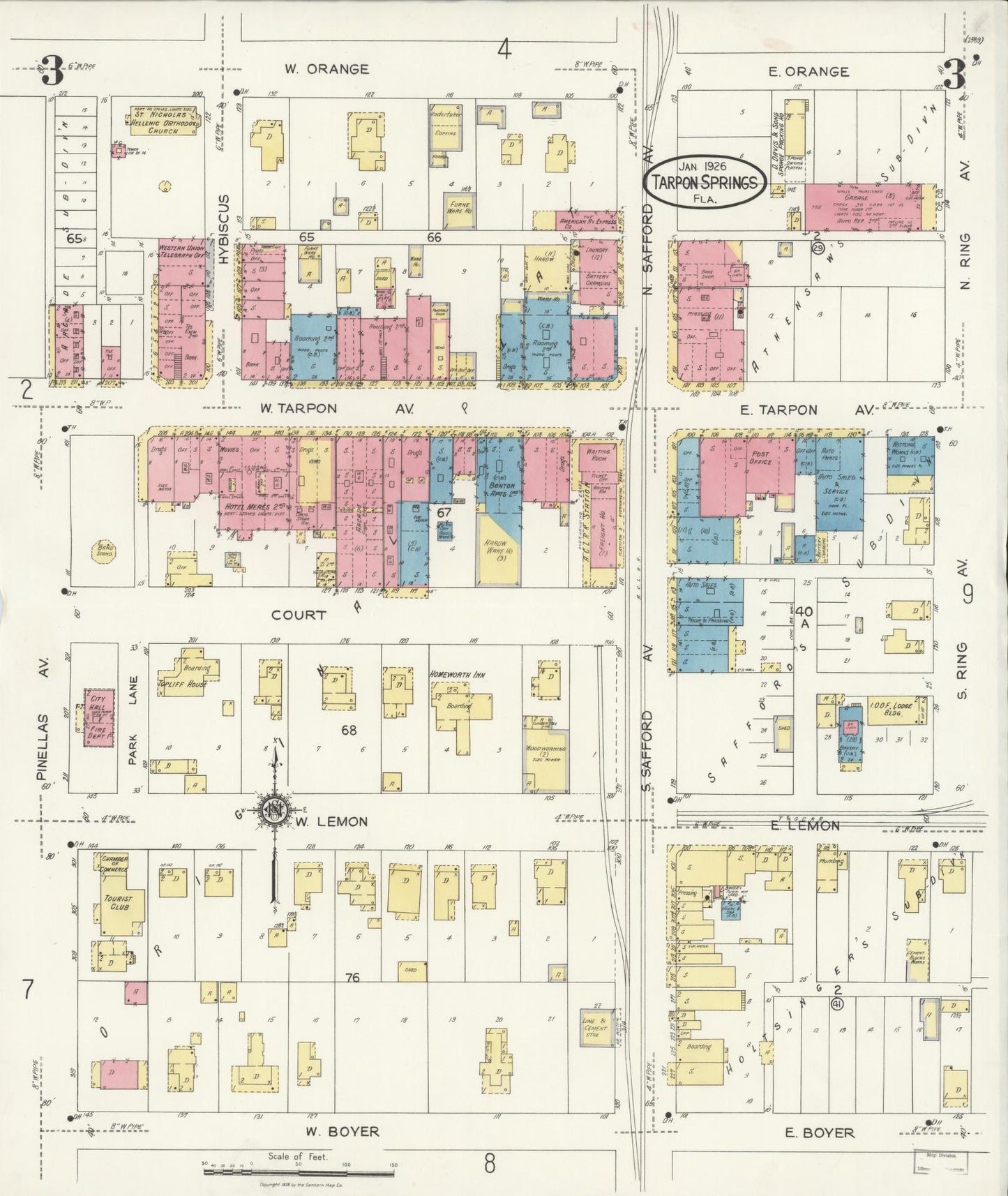 Sanborn Fire Insurance Map from Tarpon Springs, Pinellas County, Florida (1926), Sheet #0003 - Complete Map Set gallery image, historic Sanborn map, vintage wall art, Florida Florida
