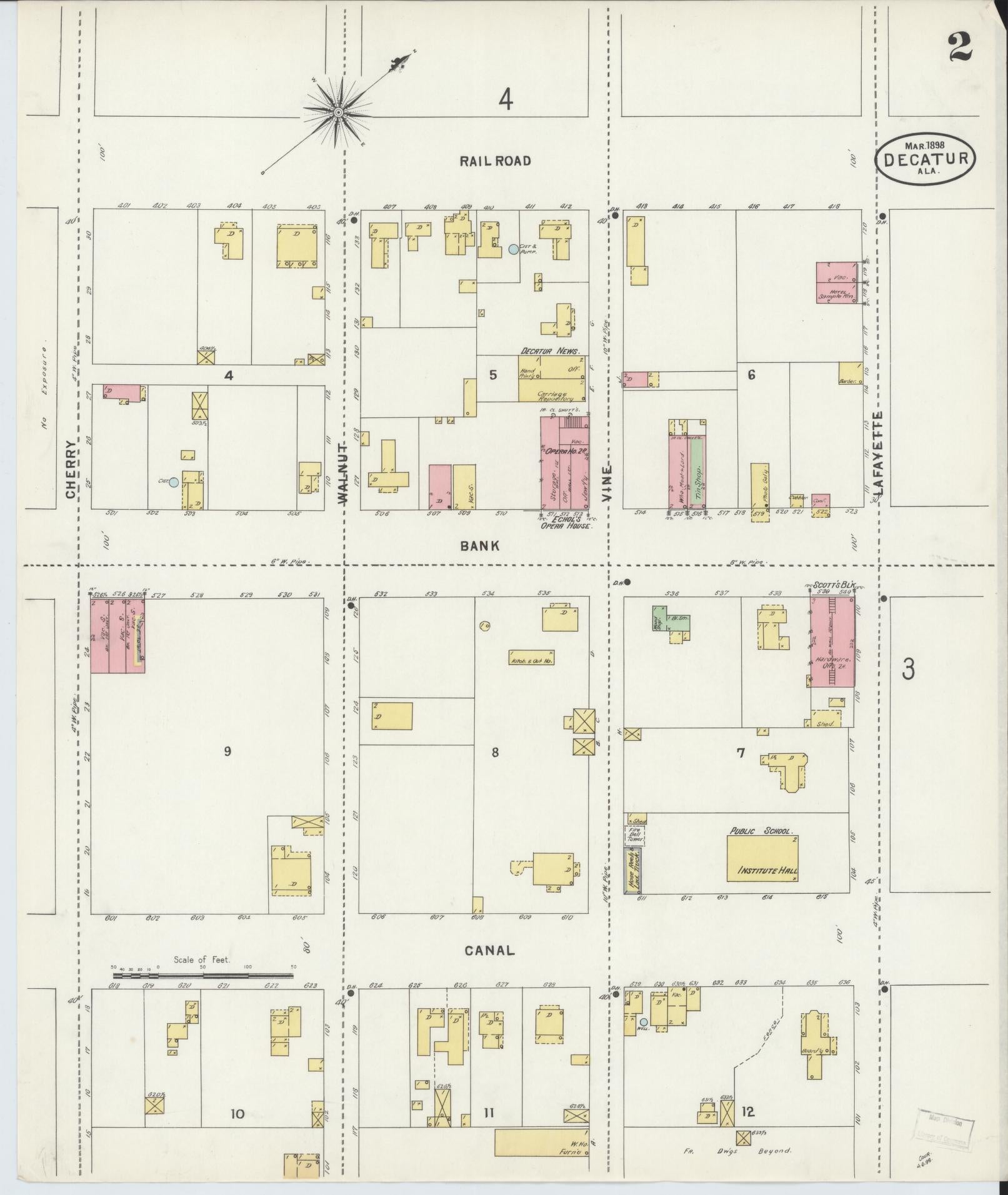 Sanborn Fire Insurance Map from Decatur, Morgan County, Alabama (1898), Sheet #0002 - Historic Sanborn Fire Insurance Map Print, vintage old map wall art, antique decor, genealogy gift, Alabama Alabama map