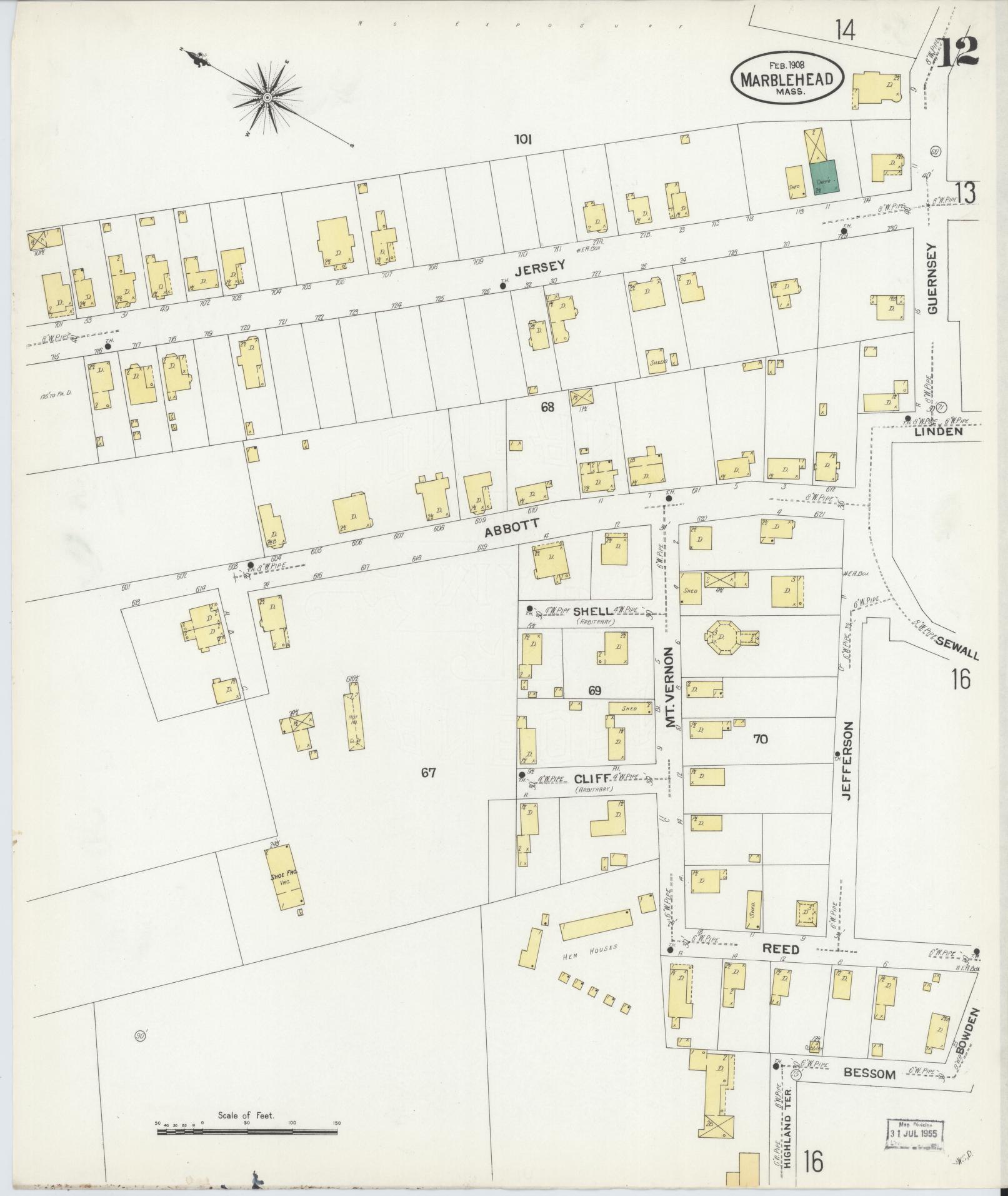 Sanborn Fire Insurance Map from Marblehead, Essex County, Massachusetts (1908), Sheet #0012 - Historic Sanborn Fire Insurance Map Print, vintage old map wall art, antique decor, genealogy gift, Massachusetts Massachusetts map