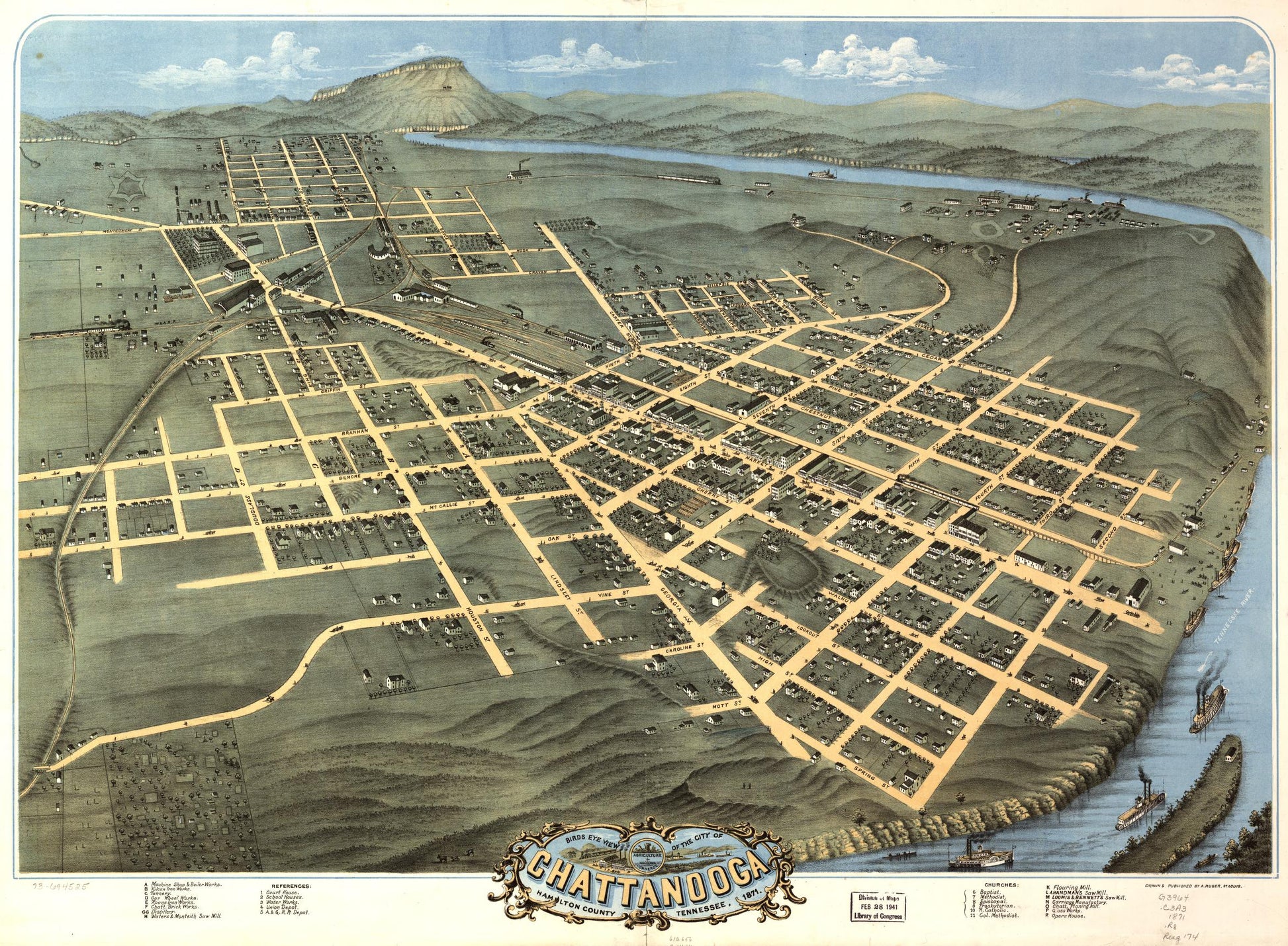 Birds eye view of the city of Chattanooga, Hamilton County, Tennessee 1871. (1871) – Historic Bird’s-Eye View Panorama Print