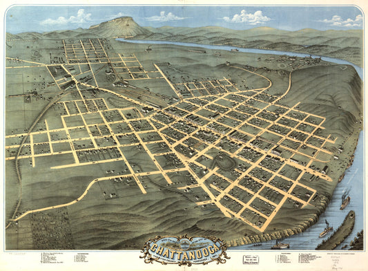 Birds eye view of the city of Chattanooga, Hamilton County, Tennessee 1871. (1871) – Historic Bird’s-Eye View Panorama Print