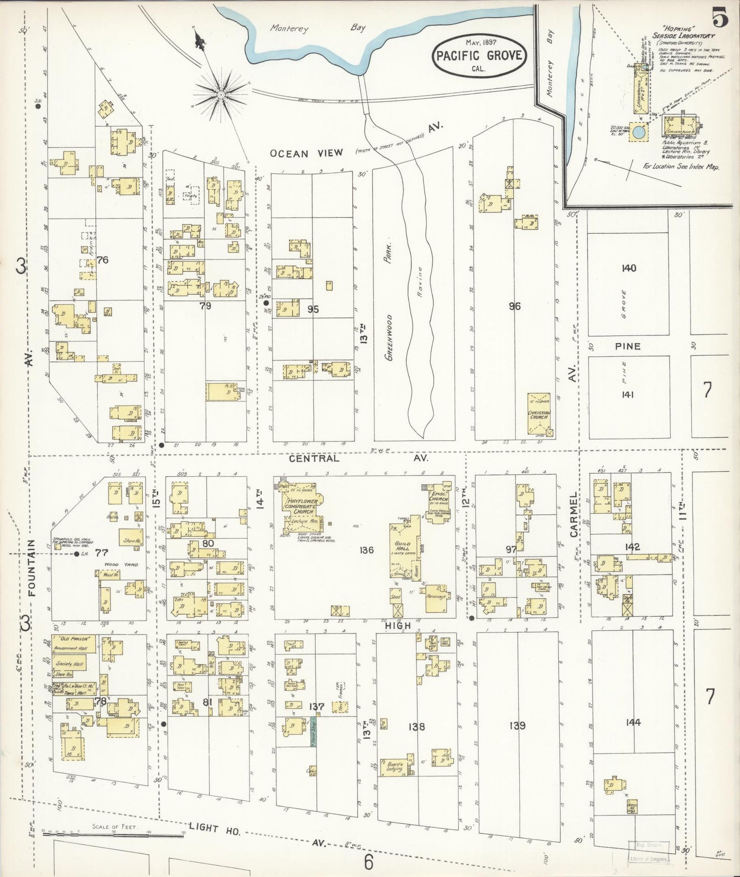 Sanborn Fire Insurance Map from Pacific Grove, Monterey County, California (1897), Sheet #0005 - Complete Map Set gallery image, historic Sanborn map, vintage wall art, California California