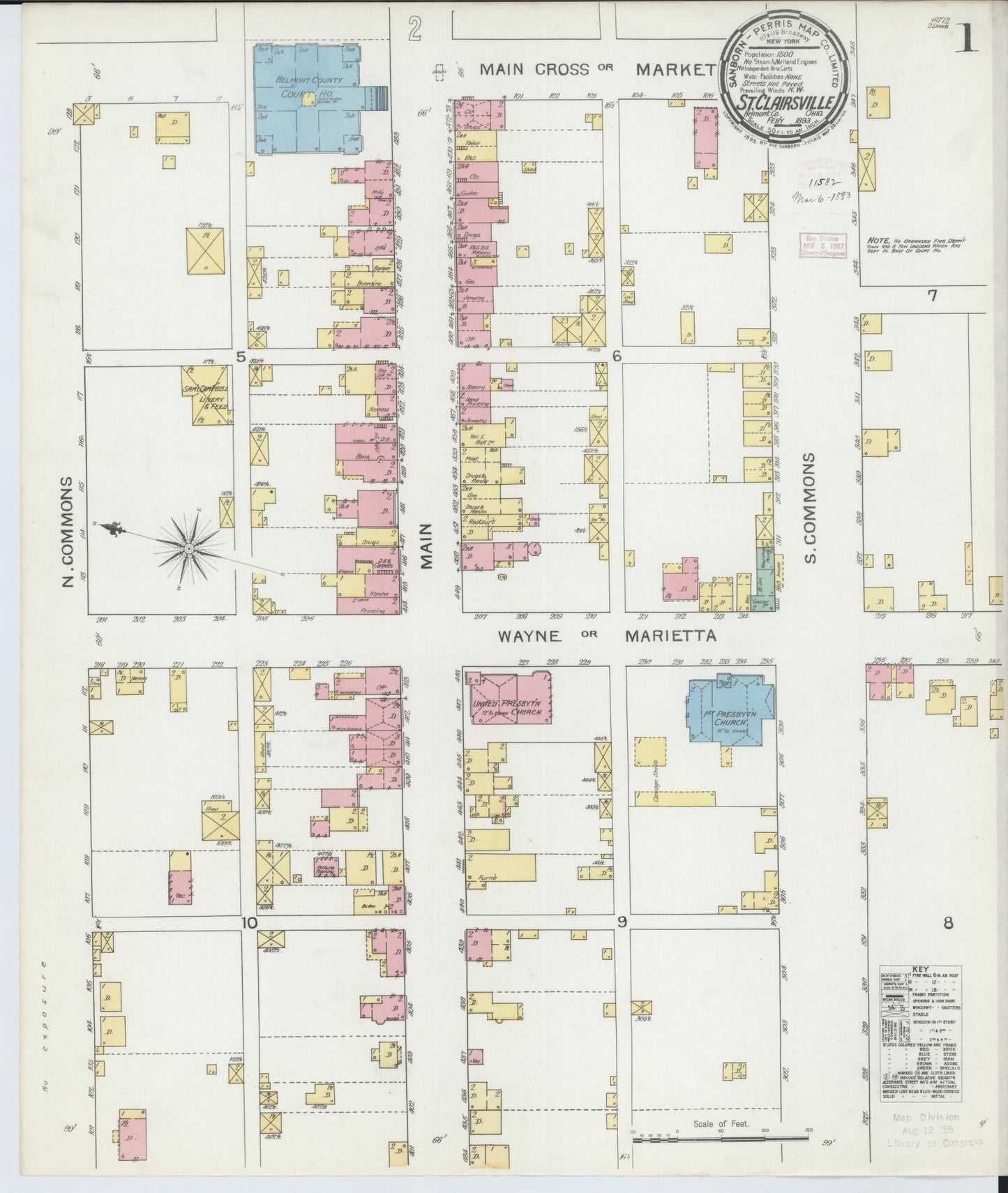 Sanborn Fire Insurance Map from Saint Clairsville, Belmont County, Ohio (1893), Sheet #0001 - Complete Map Set gallery image, historic Sanborn map, vintage wall art, Ohio Ohio