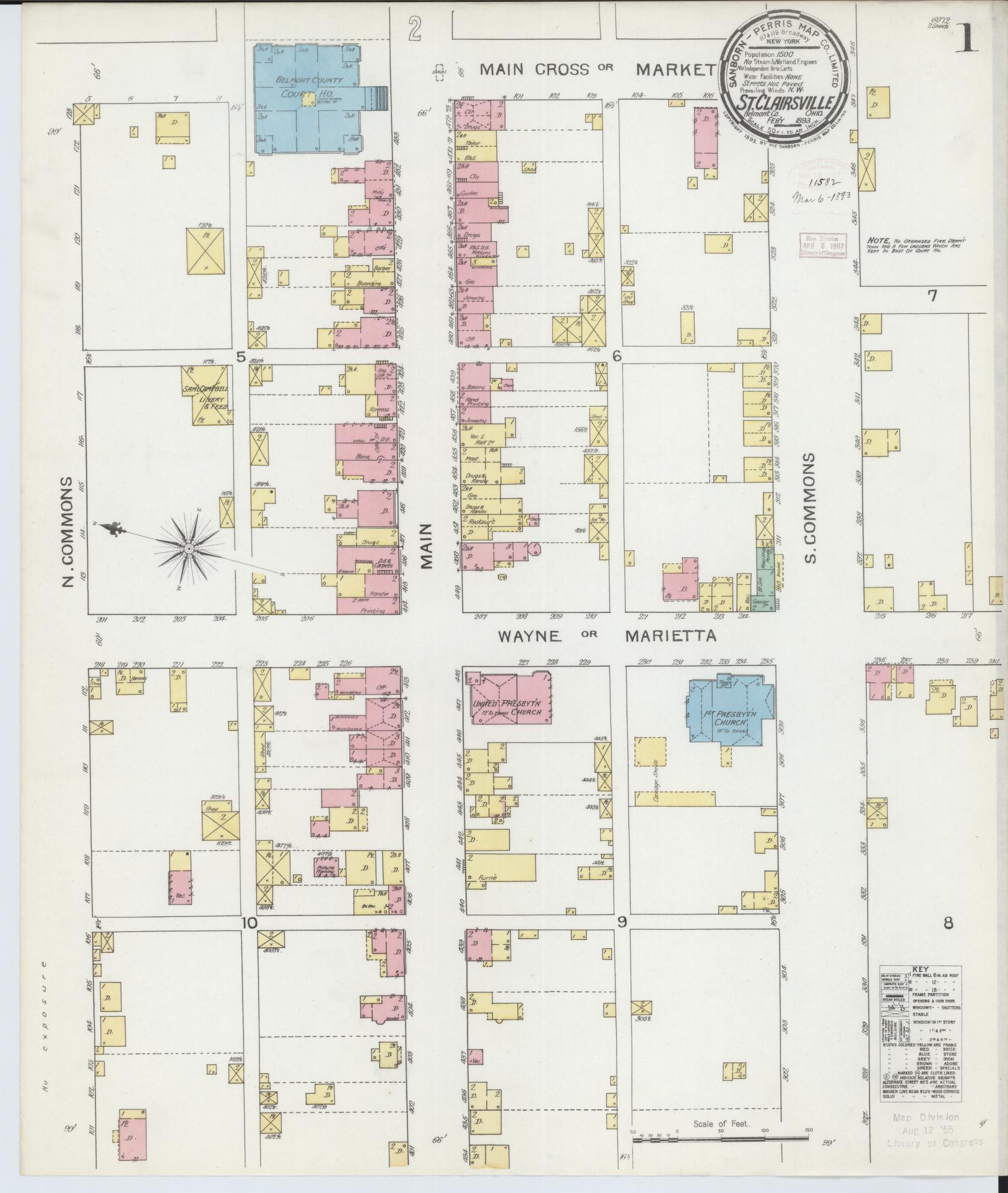 Sanborn Fire Insurance Map from Saint Clairsville, Belmont County, Ohio (1893), Sheet #0001 - Complete Map Set gallery image, historic Sanborn map, vintage wall art, Ohio Ohio
