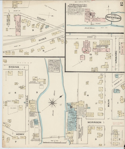 Sanborn Fire Insurance Map from Watertown, Jefferson County, New York (1884), Sheet #0002 - Historic Sanborn Fire Insurance Map Print, vintage old map wall art, antique decor, genealogy gift, New York New York map