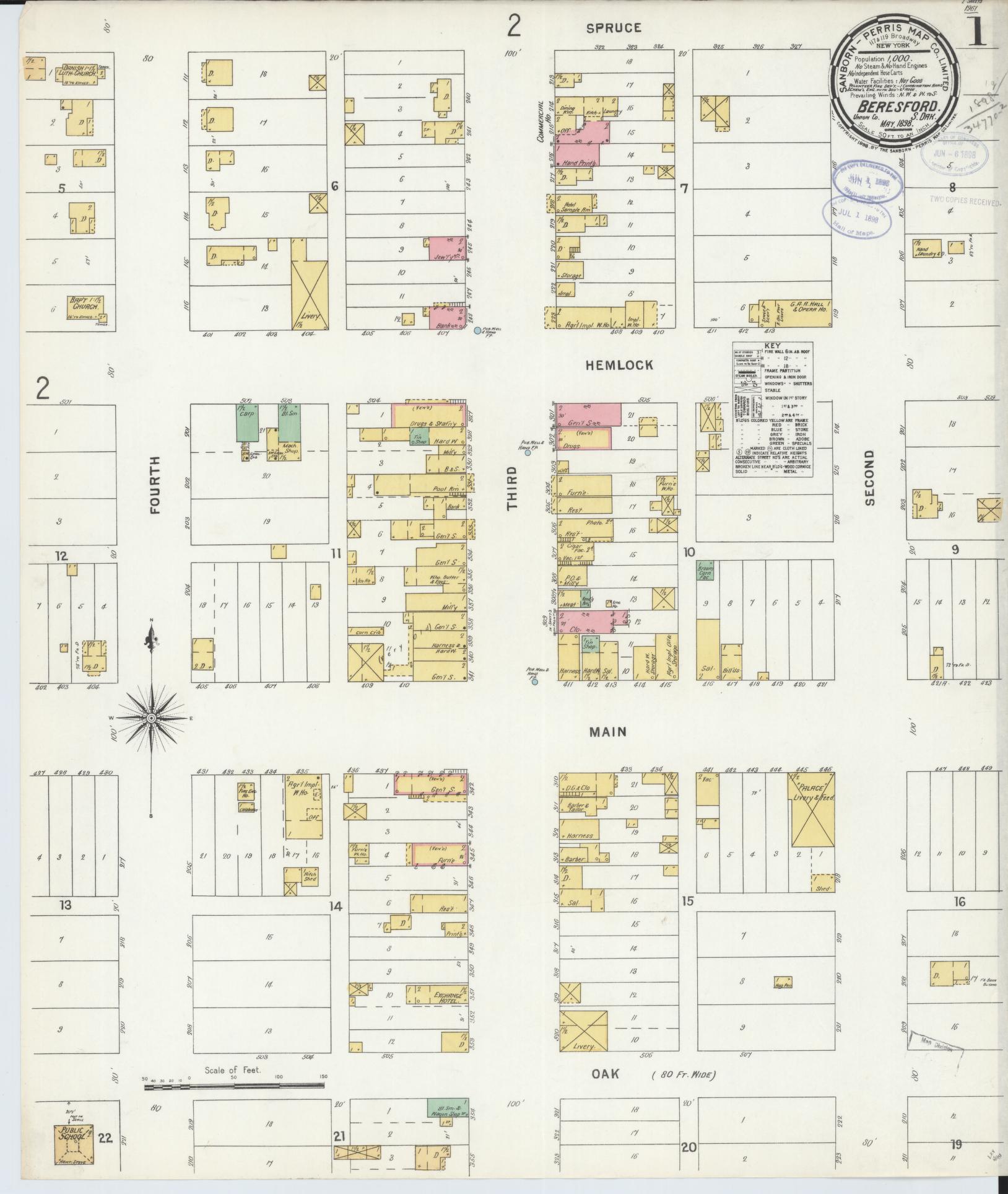 Sanborn Fire Insurance Map from Beresford, Union And Lincoln Counties, South Dakota (1898), Sheet #0001 - Historic Sanborn Fire Insurance Map Print, vintage old map wall art, antique decor, genealogy gift, South Dakota South Dakota map