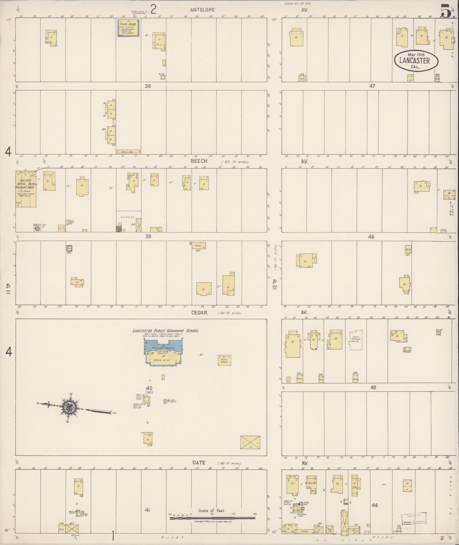 Sanborn Fire Insurance Map from Lancaster, Los Angeles County, California (1918), Sheet #0005 - Historic Sanborn Fire Insurance Map Print, vintage old map wall art, antique decor, genealogy gift, California California map