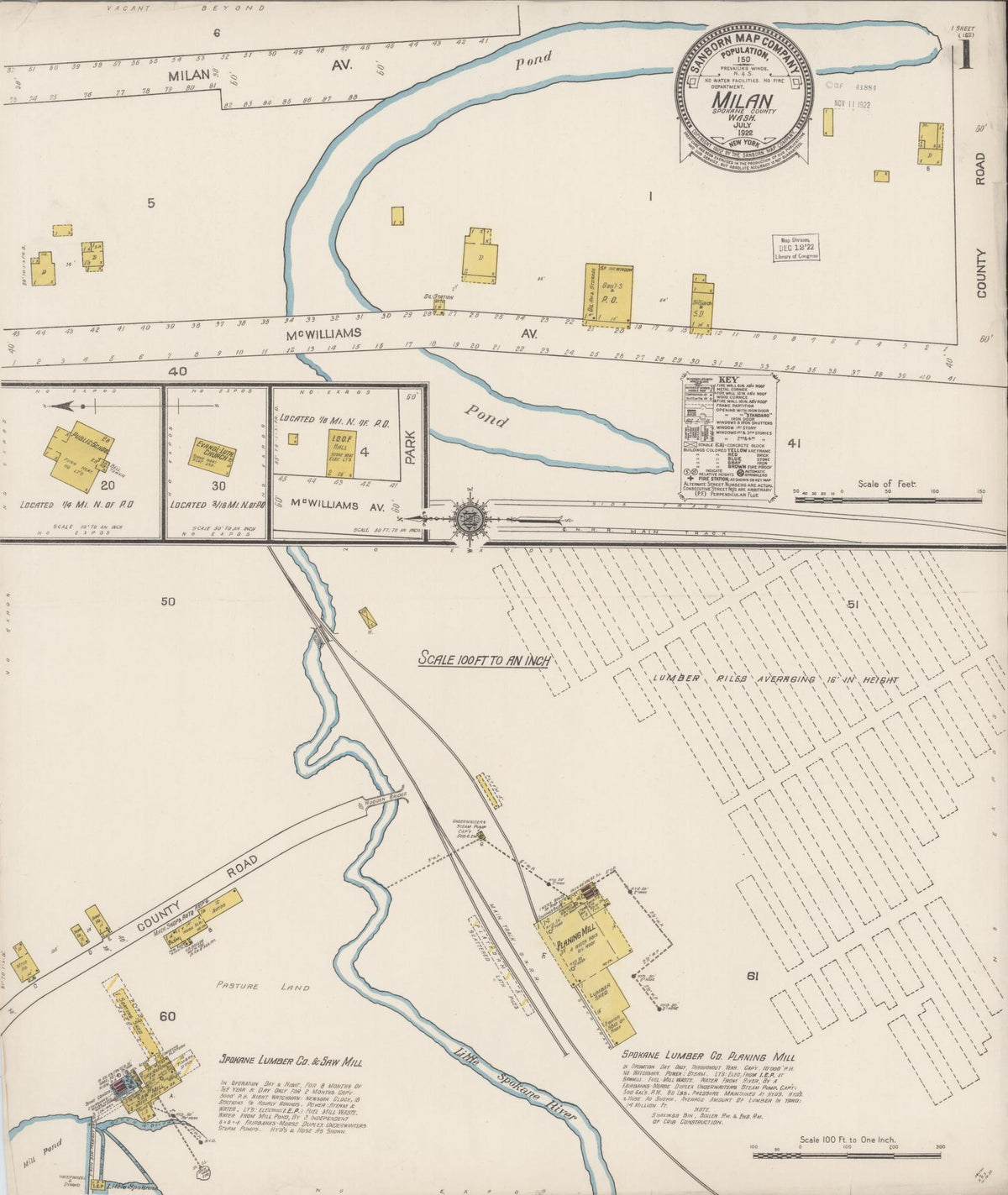 Sanborn Fire Insurance Map from Milan, Spokane County, Washington (1922), Sheet #0001 - Historic Sanborn Fire Insurance Map Print, vintage old map wall art, antique decor, genealogy gift, Washington Washington map