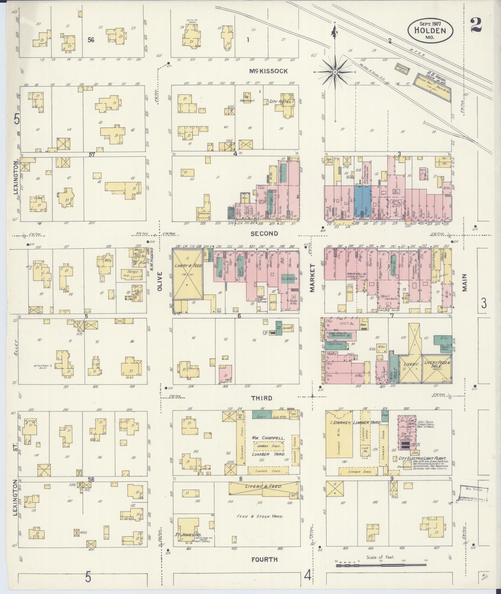 Sanborn Fire Insurance Map from Holden, Johnson County, Missouri (1907), Sheet #0002 - Complete Map Set gallery image, historic Sanborn map, vintage wall art, Missouri Missouri