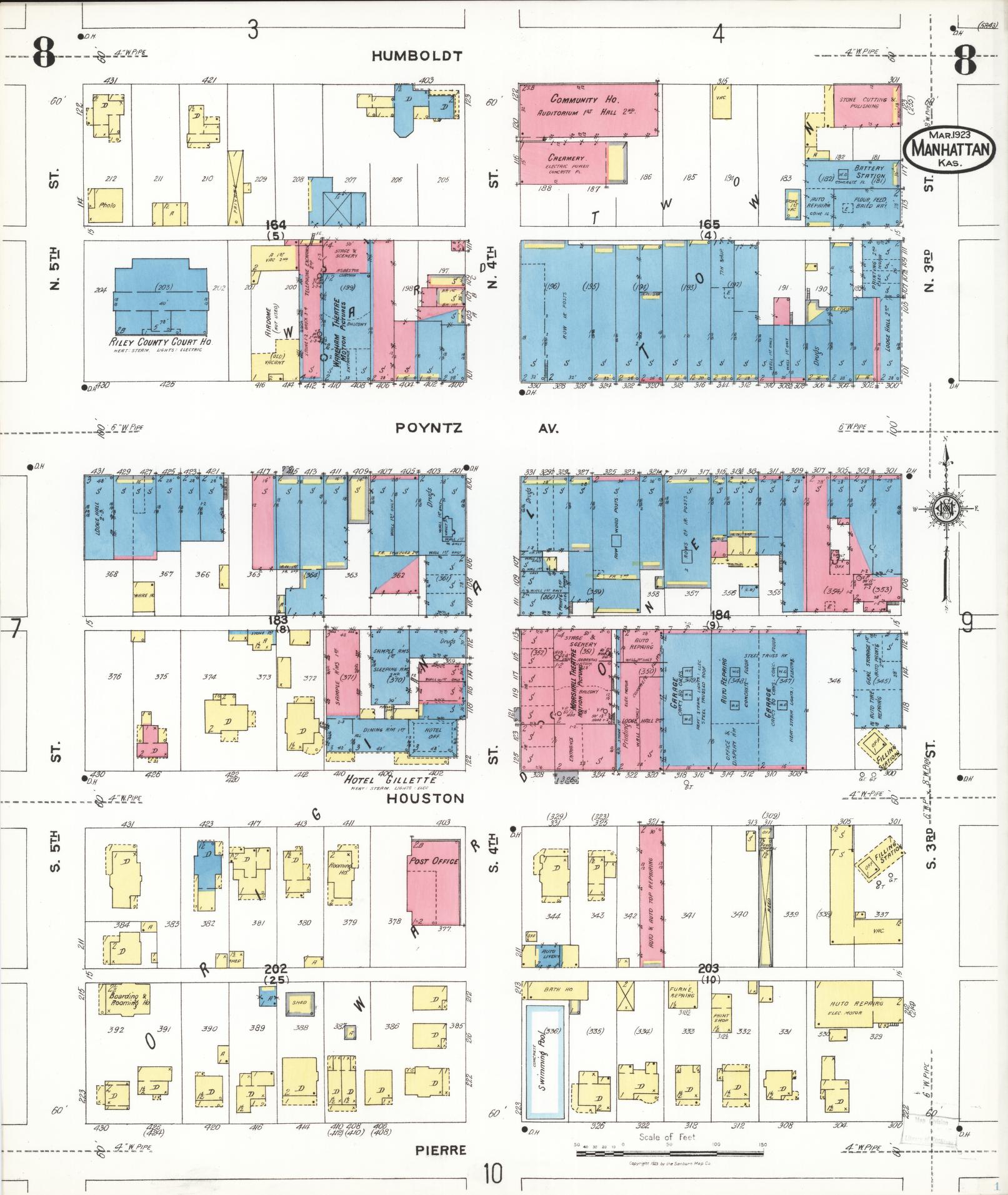 Sanborn Fire Insurance Map from Manhattan, Riley County, Kansas (1923), Sheet #0008 - Complete Map Set gallery image, historic Sanborn map, vintage wall art, Kansas Kansas