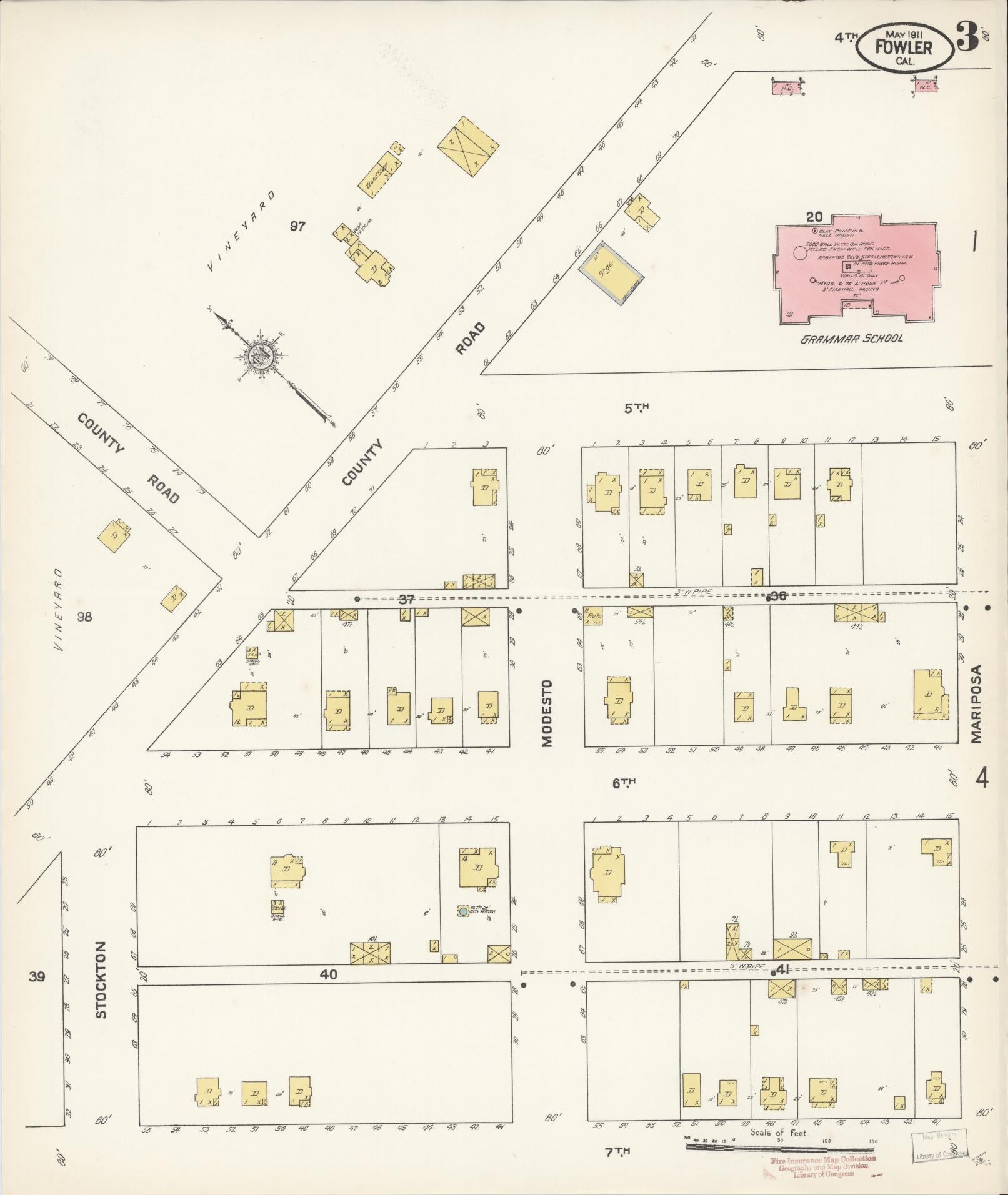 Sanborn Fire Insurance Map from Fowler, Fresno County, California (1911), Sheet #0003 - Historic Sanborn Fire Insurance Map Print, vintage old map wall art, antique decor, genealogy gift, California California map