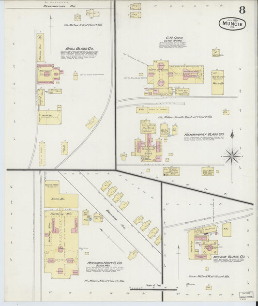 Sanborn Fire Insurance Map from Muncie, Delaware County, Indiana (1889), Sheet #0008 - Historic Sanborn Fire Insurance Map Print, vintage old map wall art, antique decor, genealogy gift, Muncie Delaware map