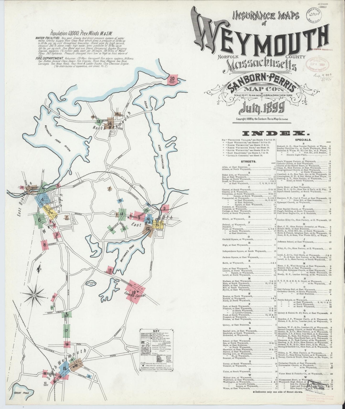 Sanborn Fire Insurance Map from Weymouth, Norfolk County, Massachusetts (1899), Sheet #0001 - Complete Map Set gallery image, historic Sanborn map, vintage wall art, Massachusetts Massachusetts