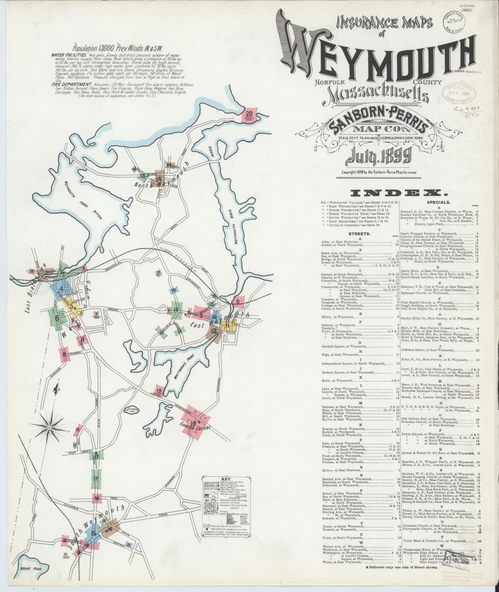 Sanborn Fire Insurance Map from Weymouth, Norfolk County, Massachusetts (1899), Sheet #0001 - Complete Map Set gallery image, historic Sanborn map, vintage wall art, Massachusetts Massachusetts