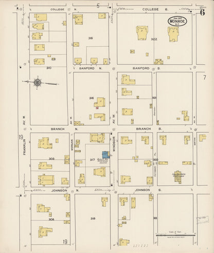 Sanborn Fire Insurance Map from Monroe, Union County, North Carolina (1922), Sheet #0006 - Historic Sanborn Fire Insurance Map Print, vintage old map wall art, antique decor, genealogy gift, North Carolina North Carolina map