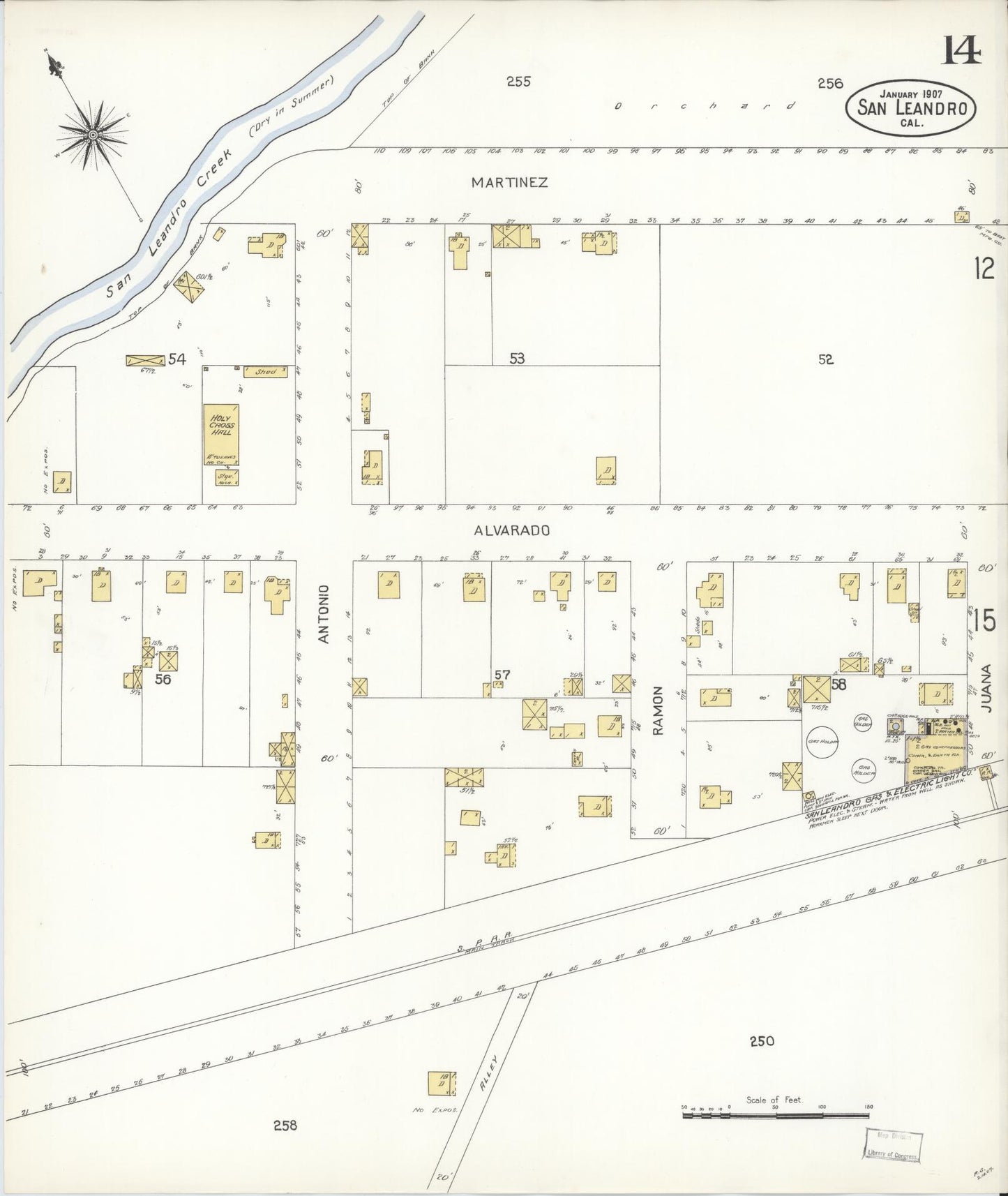 Sanborn Fire Insurance Map from San Leandro, Alameda County, California (1907), Sheet #0014 - Complete Map Set gallery image, historic Sanborn map, vintage wall art, California California