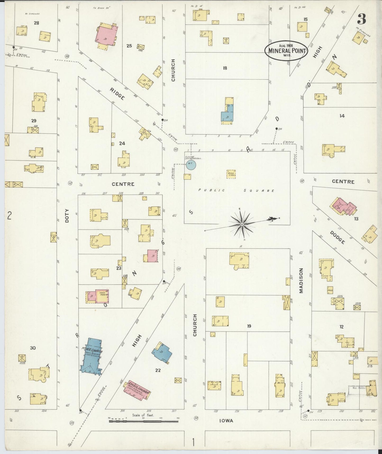 Sanborn Fire Insurance Map from Mineral Point, Iowa County, Wisconsin (1908), Sheet #0003 - Complete Map Set gallery image, historic Sanborn map, vintage wall art, Wisconsin Wisconsin
