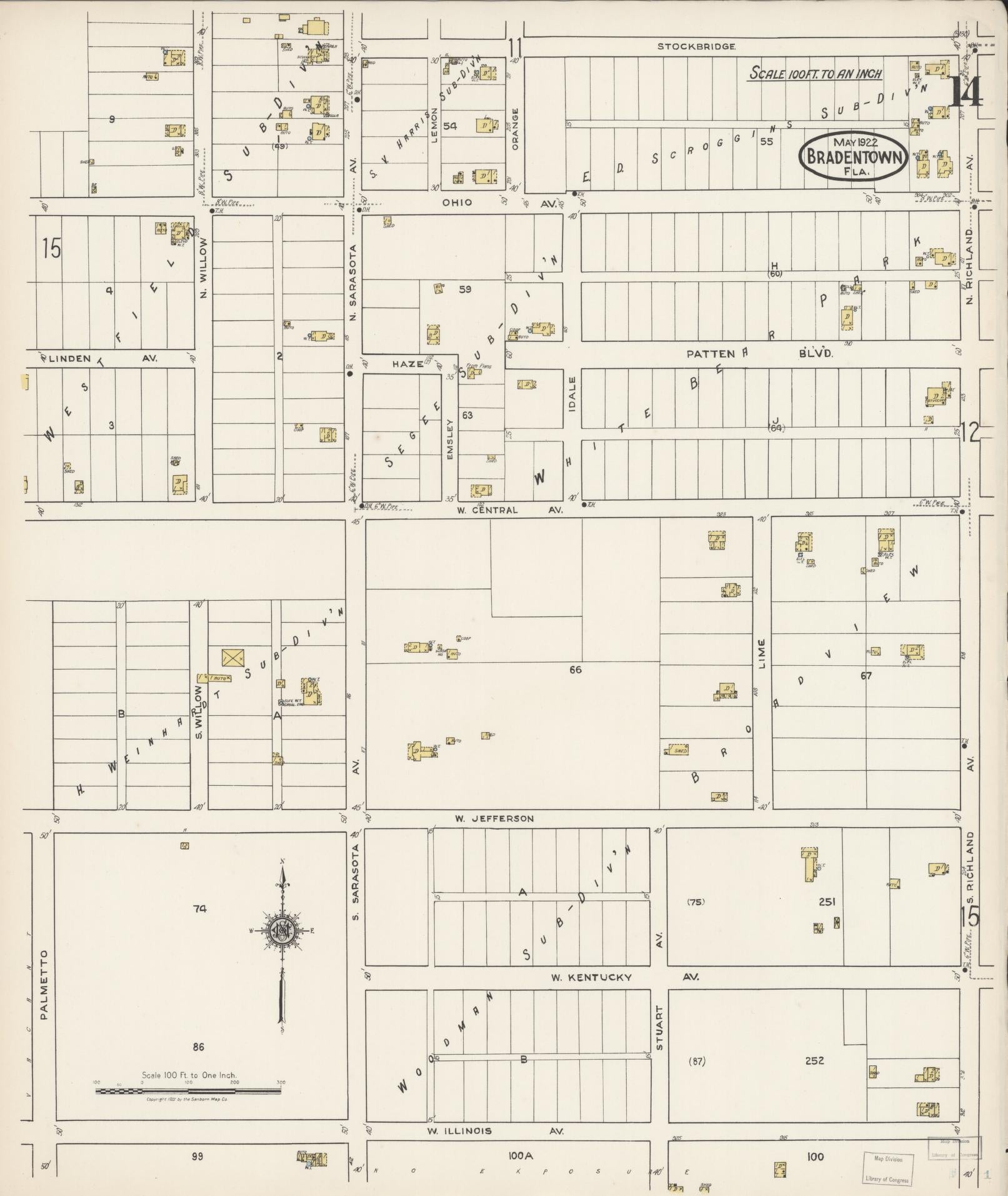 Sanborn Fire Insurance Map from Bradentown, Manatee County, Florida (1922), Sheet #0014 - Complete Map Set gallery image, historic Sanborn map, vintage wall art, Florida Florida