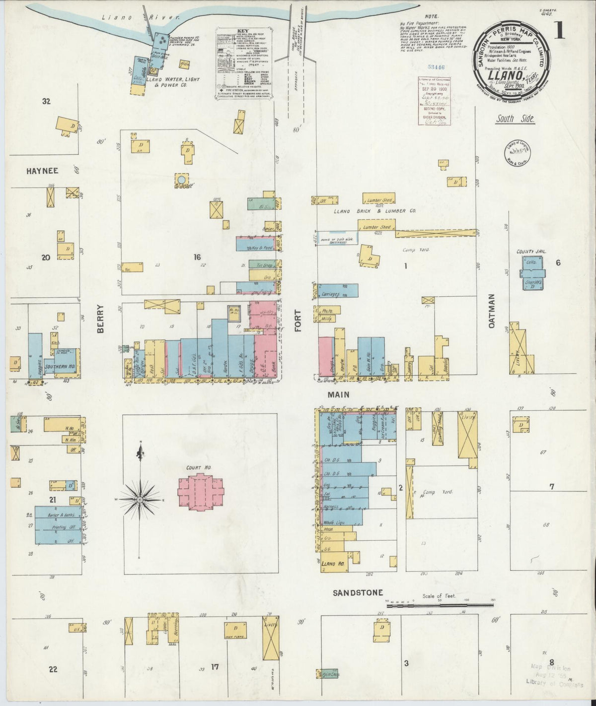 Sanborn Fire Insurance Map from Llano, Llano County, Texas (1900), Sheet #0001 - Complete Map Set gallery image, historic Sanborn map, vintage wall art, Texas Texas