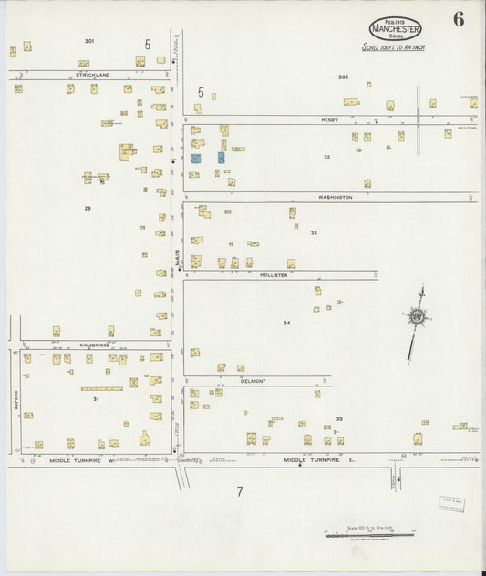 Sanborn Fire Insurance Map from Manchester, Hartford County, Connecticut (1919), Sheet #0006 - Historic Sanborn Fire Insurance Map Print, vintage old map wall art, antique decor, genealogy gift, Connecticut Connecticut map