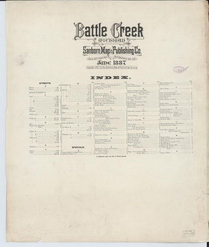 Sanborn Fire Insurance Map from Battle Creek, Calhoun County, Michigan (1887), Sheet #0001 - Historic Sanborn Fire Insurance Map Print, vintage old map wall art, antique decor, genealogy gift, Michigan Michigan map