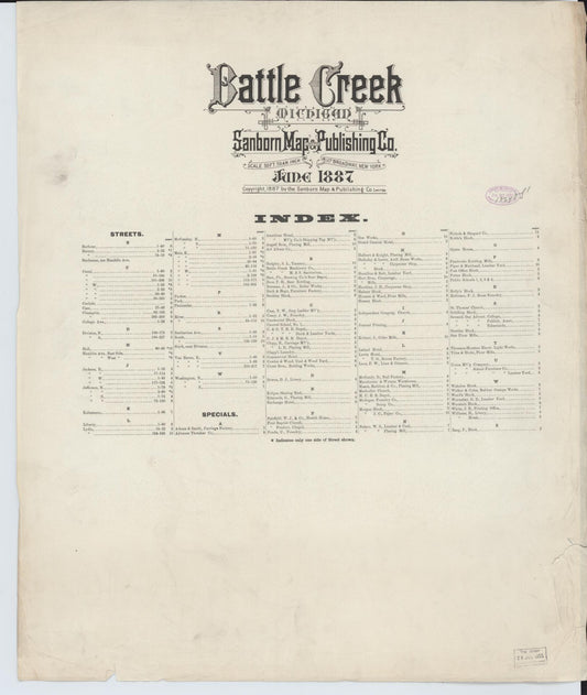 Sanborn Fire Insurance Map from Battle Creek, Calhoun County, Michigan (1887), Sheet #0001 - Historic Sanborn Fire Insurance Map Print, vintage old map wall art, antique decor, genealogy gift, Michigan Michigan map
