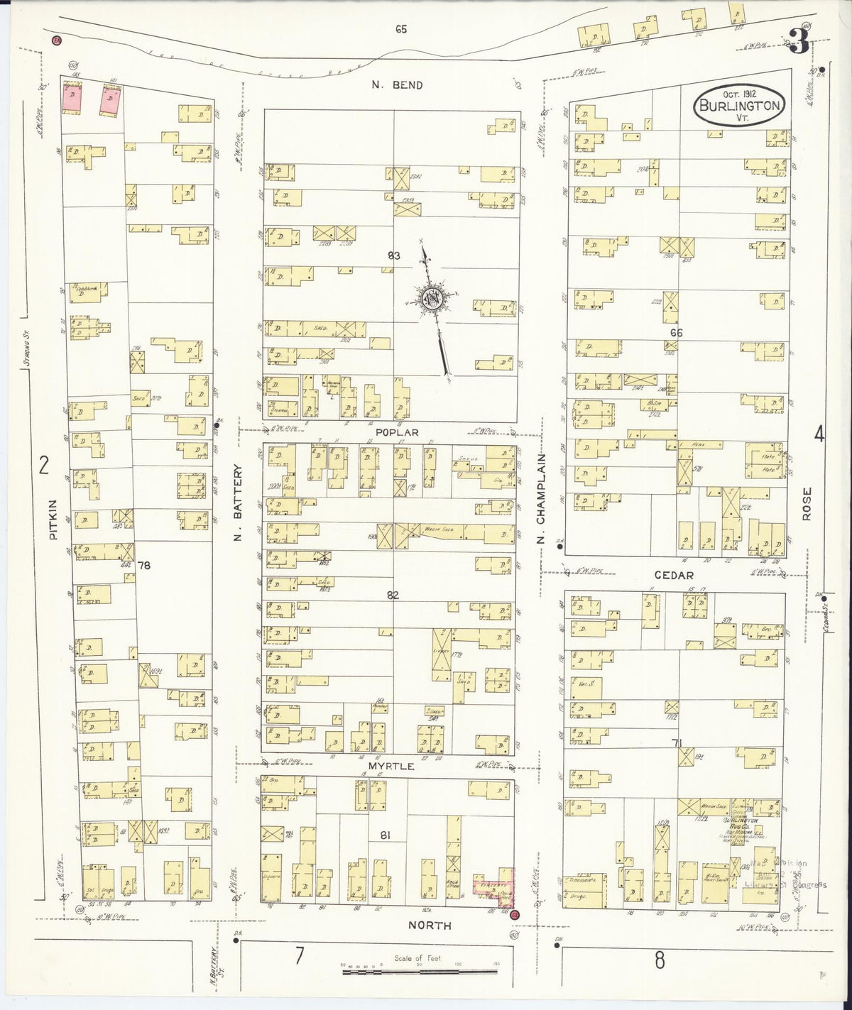 Sanborn Fire Insurance Map from Burlington, Chittenden County, Vermont (1912), Sheet #0003 - Historic Sanborn Fire Insurance Map Print, vintage old map wall art, antique decor, genealogy gift, Vermont Vermont map