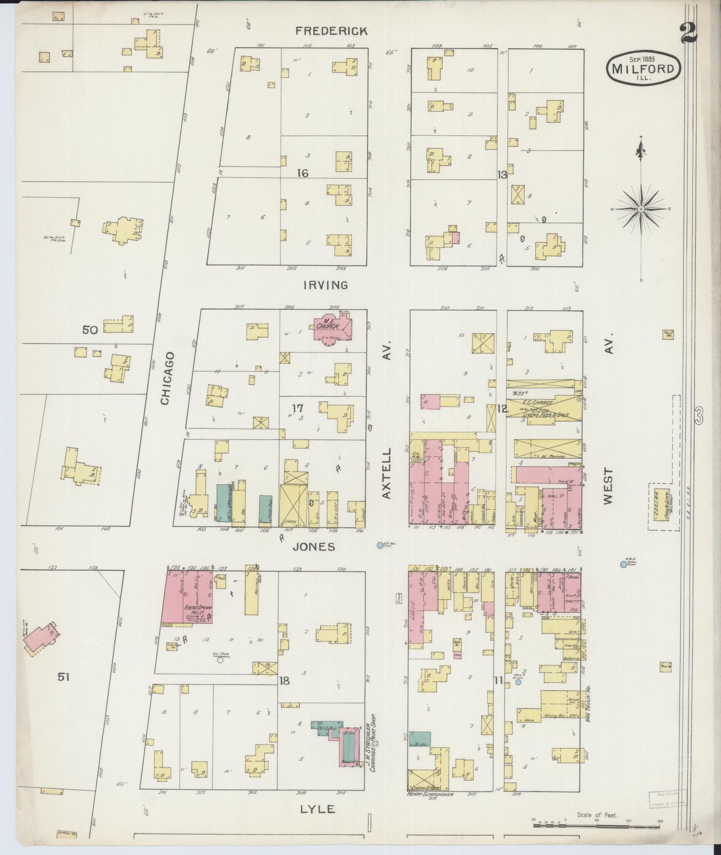Sanborn Fire Insurance Map from Milford, Iroquois County, Illinois (1893), Sheet #0002 - Complete Map Set gallery image, historic Sanborn map, vintage wall art, Illinois Illinois