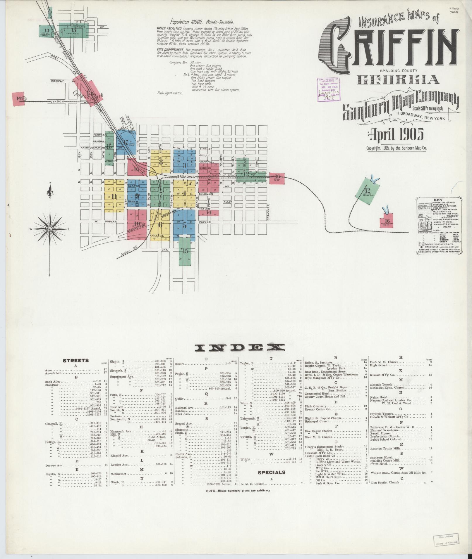 Sanborn Fire Insurance Map from Griffin, Spalding County, Georgia (1905), Sheet #0001 - Complete Map Set gallery image, historic Sanborn map, vintage wall art, Georgia Georgia