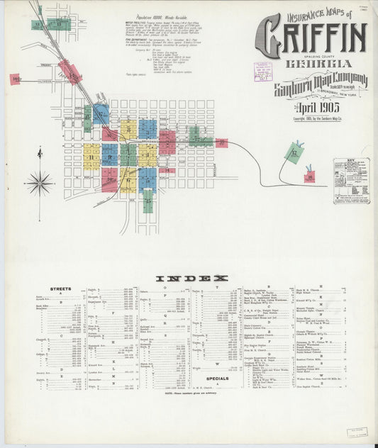 Sanborn Fire Insurance Map from Griffin, Spalding County, Georgia (1905), Sheet #0001 - Complete Map Set gallery image, historic Sanborn map, vintage wall art, Georgia Georgia