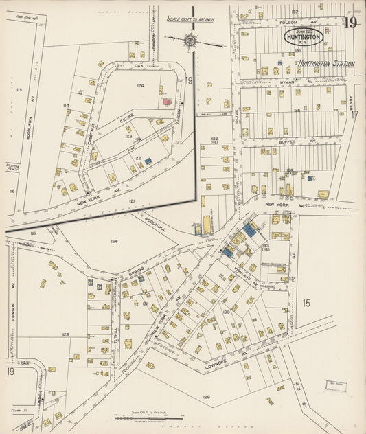 Sanborn Fire Insurance Map from Huntington, Suffolk County, New York (1922), Sheet #0019 - Historic Sanborn Fire Insurance Map Print, vintage old map wall art, antique decor, genealogy gift, New York New York map