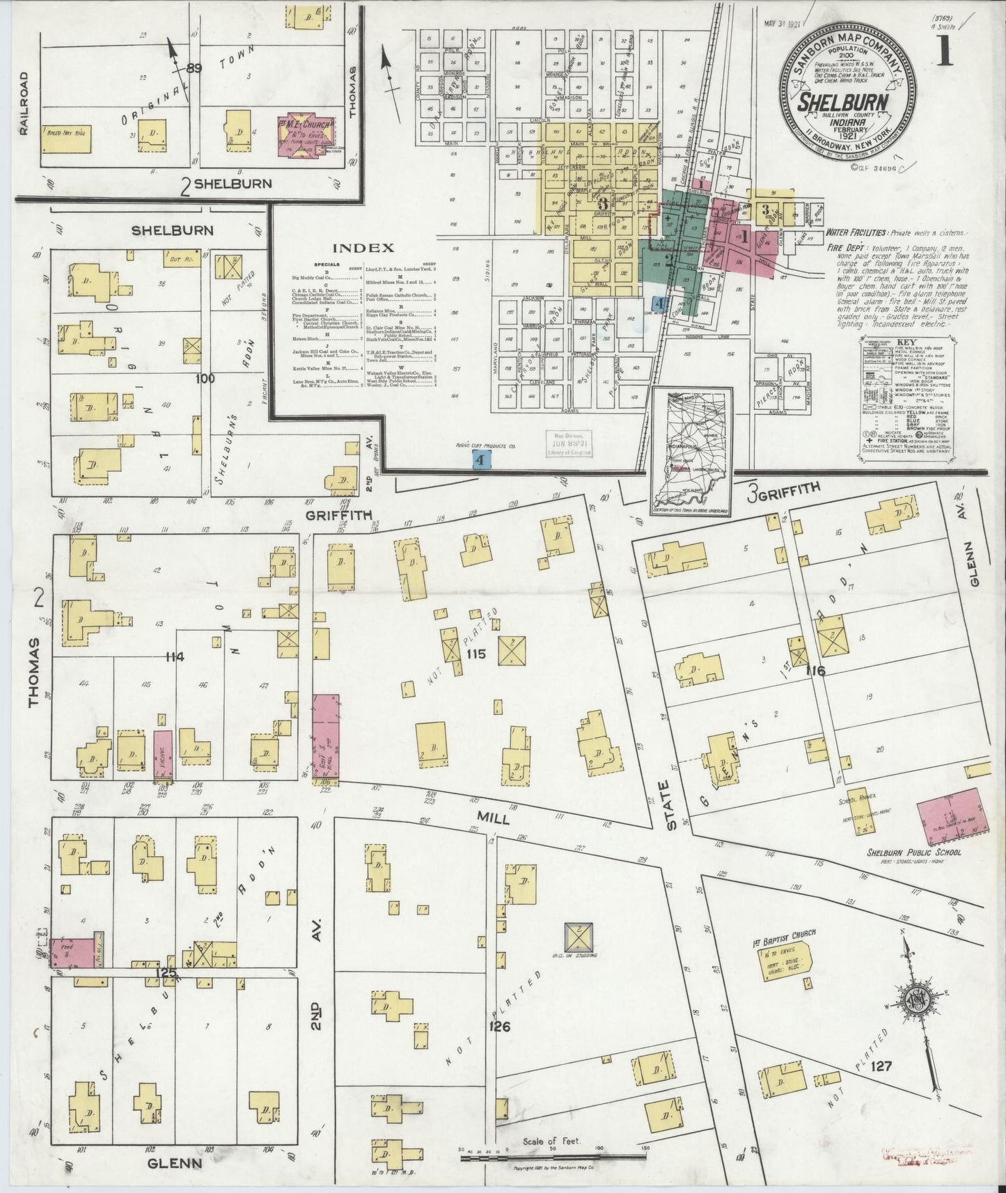 Sanborn Fire Insurance Map from Shelburn, Sullivan County, Indiana (1921), Sheet #0001 - Historic Sanborn Fire Insurance Map Print, vintage old map wall art, antique decor, genealogy gift, Indiana Indiana map