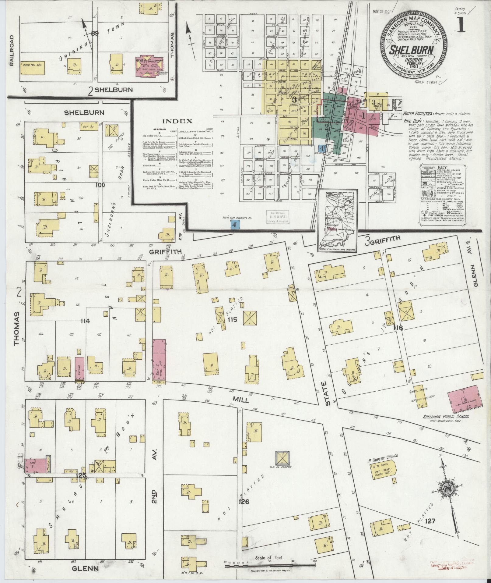 Sanborn Fire Insurance Map from Shelburn, Sullivan County, Indiana (1921), Sheet #0001 - Historic Sanborn Fire Insurance Map Print, vintage old map wall art, antique decor, genealogy gift, Indiana Indiana map