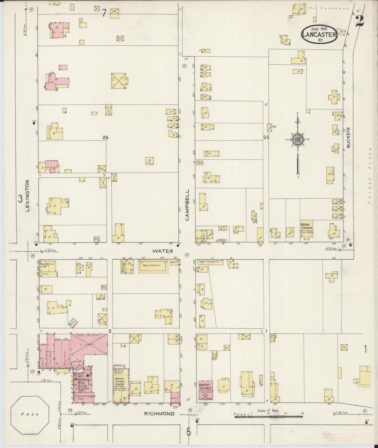 Sanborn Fire Insurance Map from Lancaster, Garrard County, Kentucky (1915), Sheet #0002 - Complete Map Set gallery image, historic Sanborn map, vintage wall art, Kentucky Kentucky