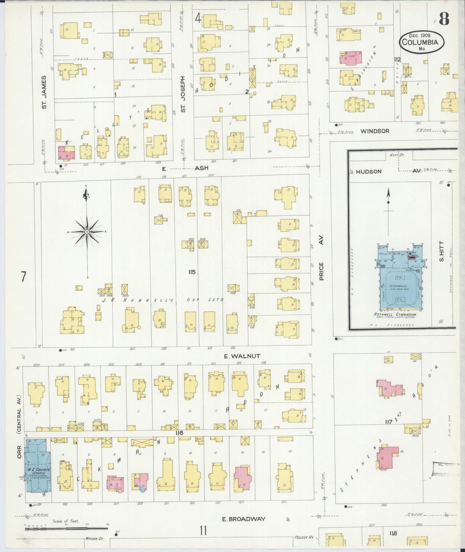 Sanborn Fire Insurance Map from Columbia, Boone County, Missouri (1908), Sheet #0008 - Complete Map Set gallery image, historic Sanborn map, vintage wall art, Missouri Missouri