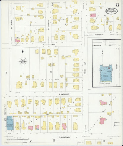 Sanborn Fire Insurance Map from Columbia, Boone County, Missouri (1908), Sheet #0008 - Complete Map Set gallery image, historic Sanborn map, vintage wall art, Missouri Missouri