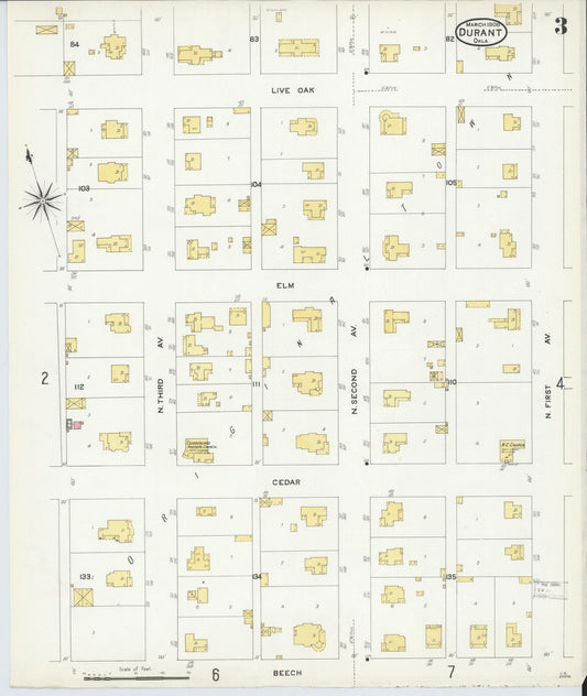 Sanborn Fire Insurance Map from Durant, Bryan County, Oklahoma (1908), Sheet #0003 - Historic Sanborn Fire Insurance Map Print, vintage old map wall art, antique decor, genealogy gift, Oklahoma Oklahoma map