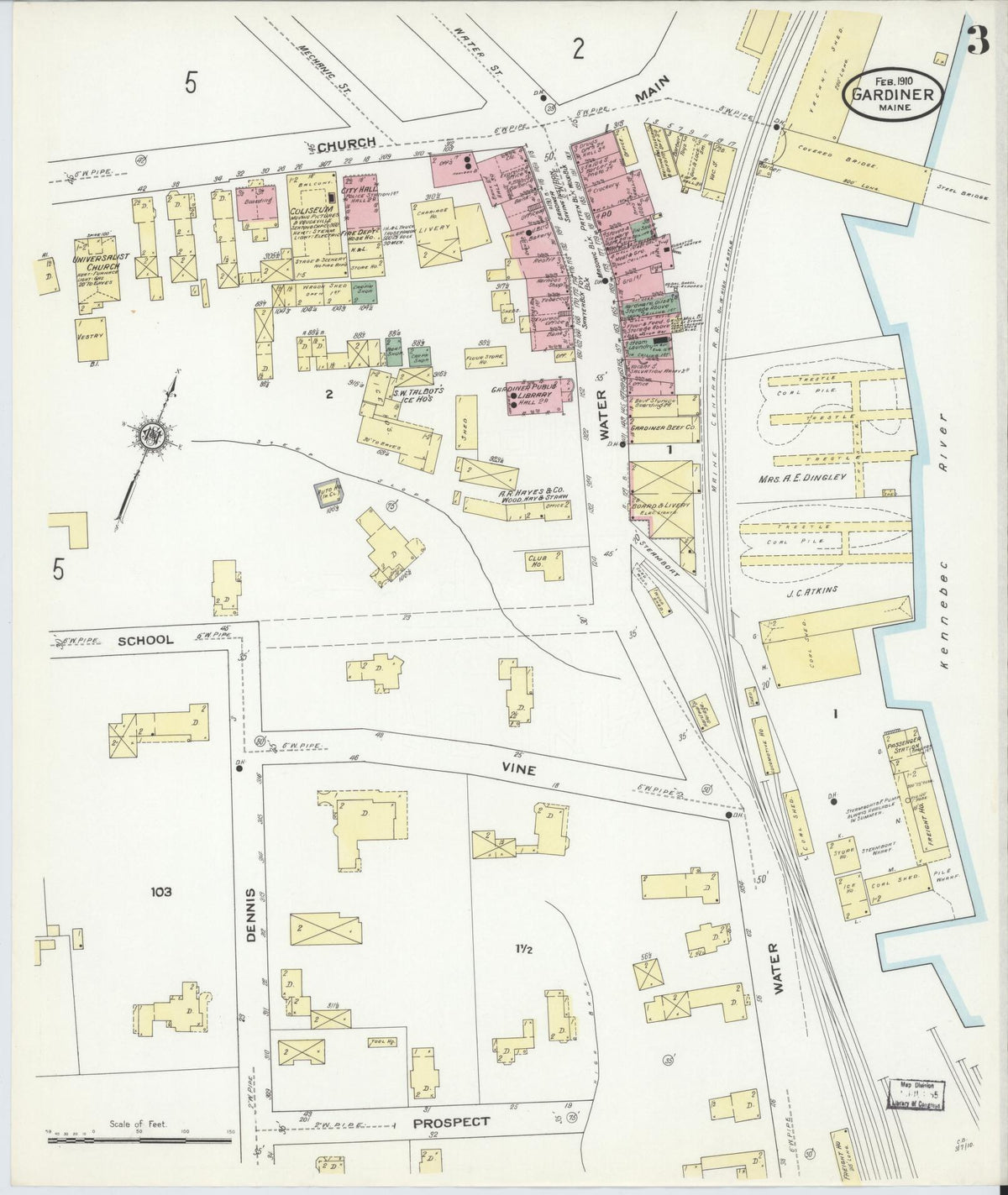 Sanborn Fire Insurance Map from Gardiner, Kennebec County, Maine (1910), Sheet #0003 - Complete Map Set gallery image, historic Sanborn map, vintage wall art, Maine Maine