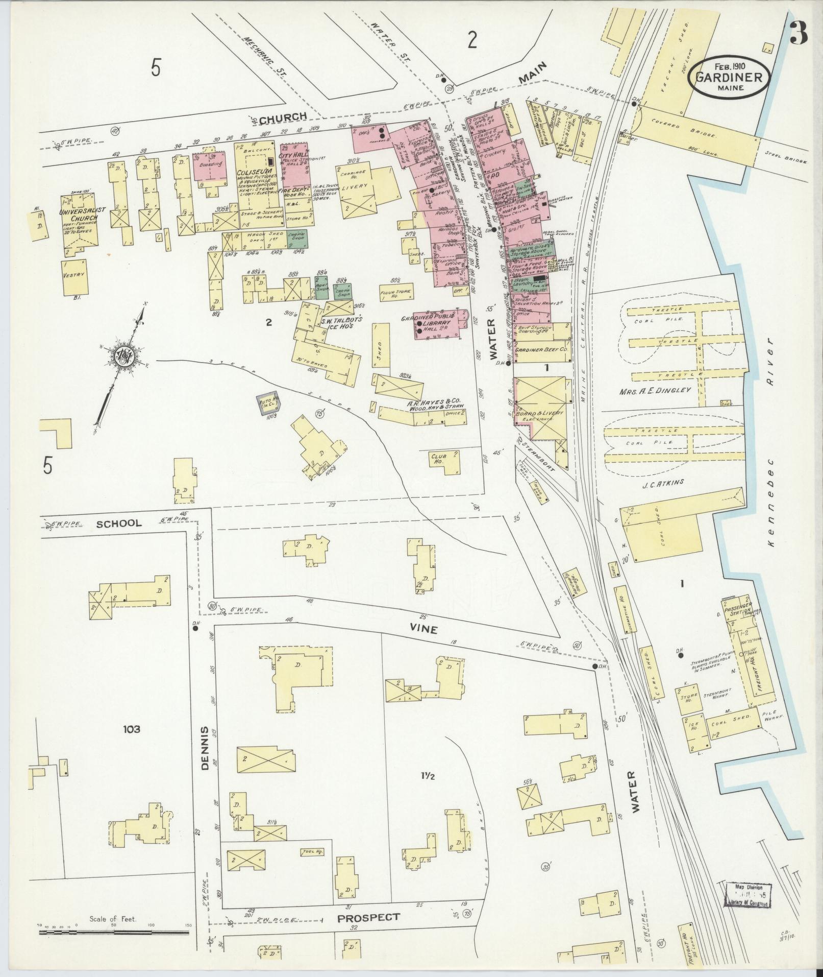 Sanborn Fire Insurance Map from Gardiner, Kennebec County, Maine (1910), Sheet #0003 - Complete Map Set gallery image, historic Sanborn map, vintage wall art, Maine Maine