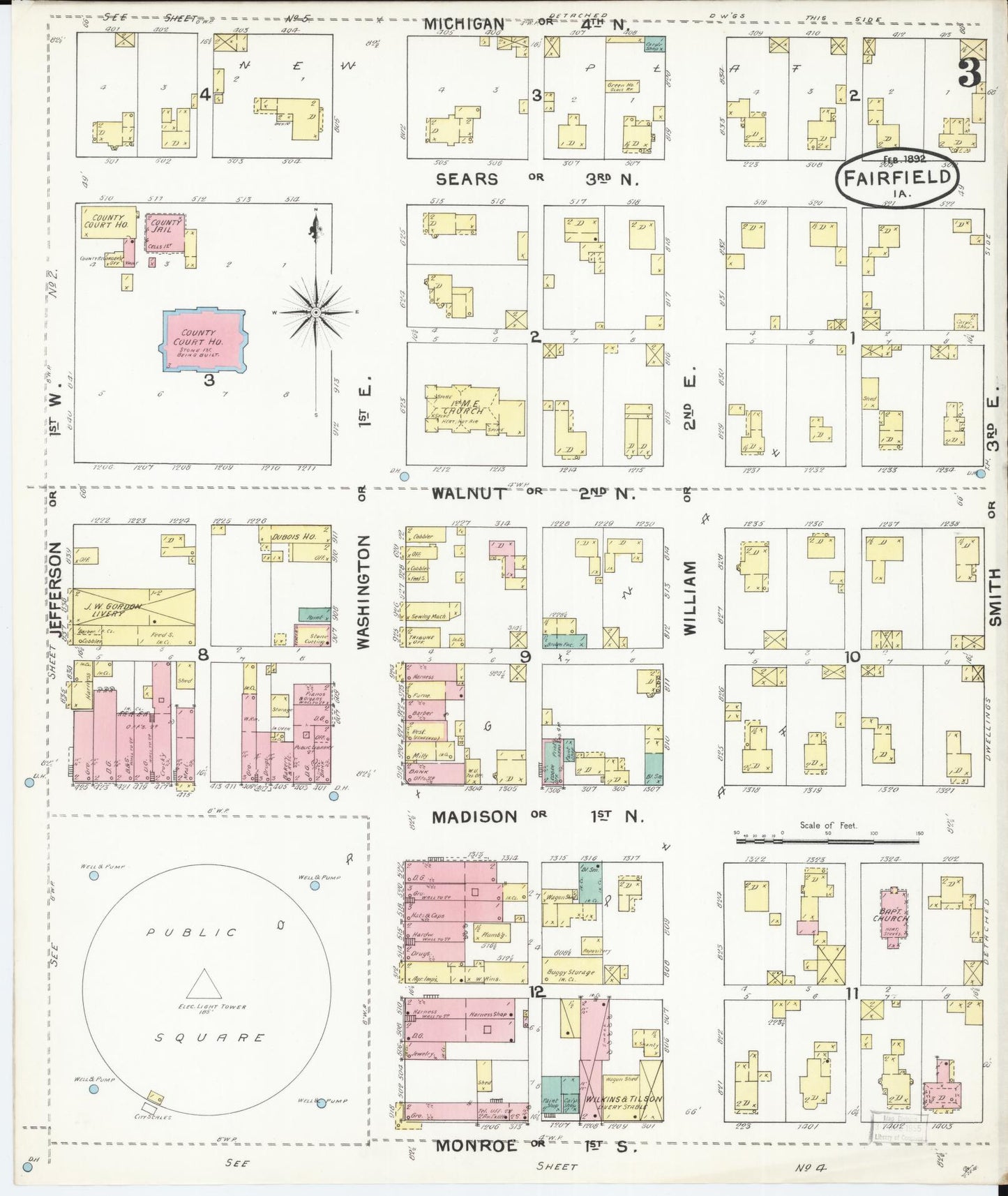 Sanborn Fire Insurance Map from Fairfield, Jefferson County, Iowa (1892), Sheet #0003 - Historic Sanborn Fire Insurance Map Print, vintage old map wall art